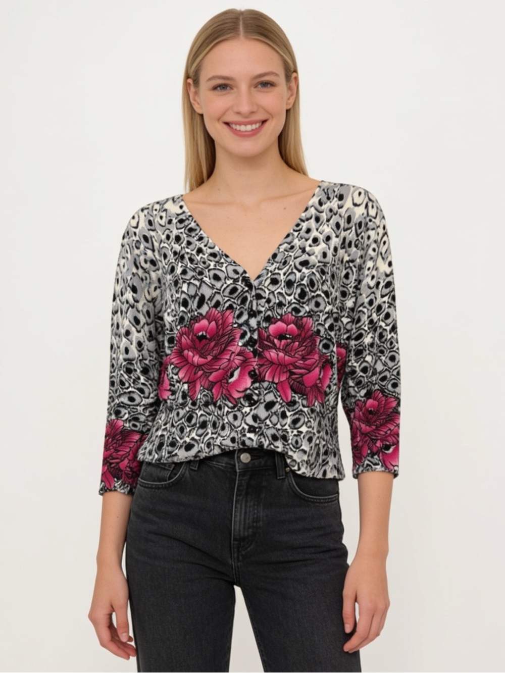 Cache Pink Floral Animal Print Button Front Cardigan Top Large